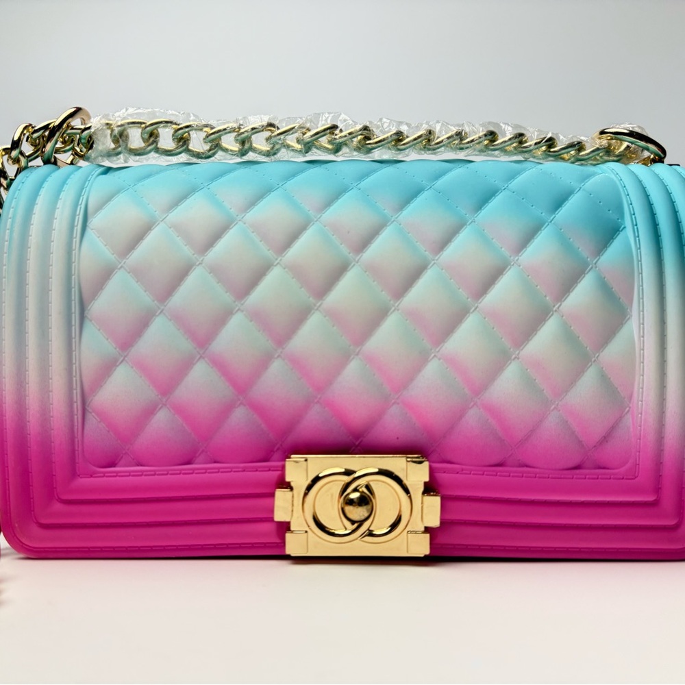 Rainbow Quilted Jelly Crossbody Bag Gold Chain Colorful Statement Purse